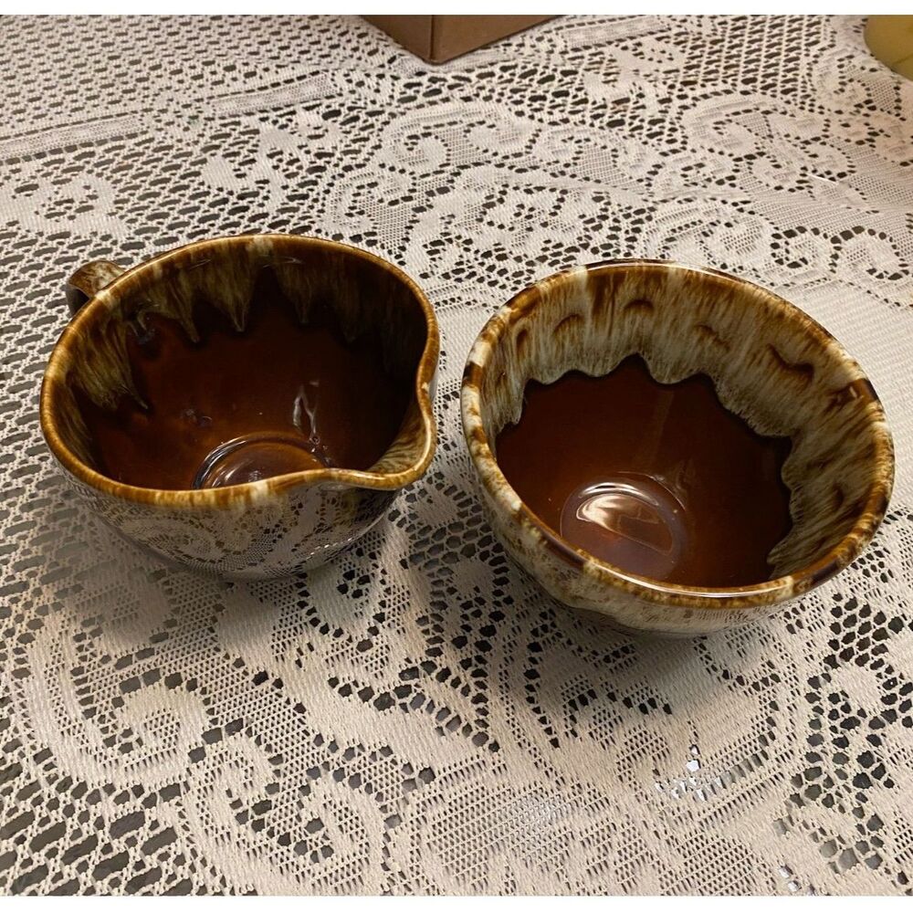 Vintage Brown Drip Glaze Creamer & Sugar Bowl Set USA Pottery MCM